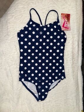 NWT Kanu Surf Girls Navy Blue and White Polka Dot One-Piece Swimsuit Size 12